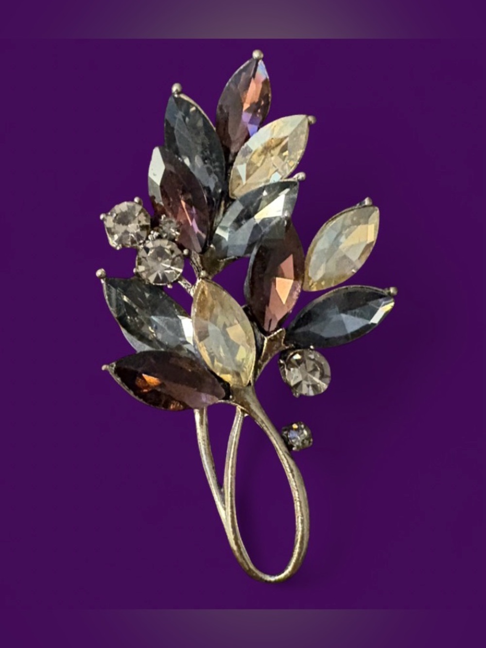 Vintage Inspired Rhinestone Leaf Spray Brooch Pin Brown Smokey Topaz w/C-Clip